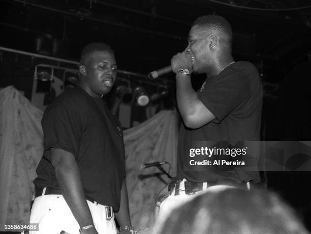 Erick Sermon and Parrish Smith and the Rap group EPMD performs when Run-DMC headlines a rap concert club date at The Marquee on April 2, 1991 in New...