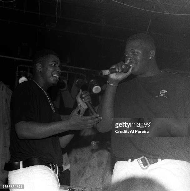 Erick Sermon and Parrish Smith and the Rap group EPMD performs when Run-DMC headlines a rap concert club date at The Marquee on April 2, 1991 in New...