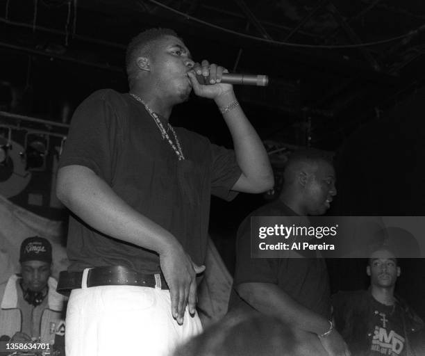 Erick Sermon and Parrish Smith and the Rap group EPMD performs when Run-DMC headlines a rap concert club date at The Marquee on April 2, 1991 in New...