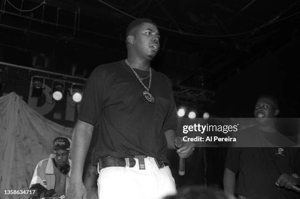 Erick Sermon and Parrish Smith and the Rap group EPMD performs when Run-DMC headlines a rap concert club date at The Marquee on April 2, 1991 in New...