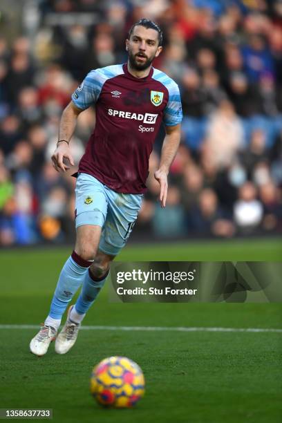 Burnley striker Jay Rodriguez in action during the Premier League match between Burnley and West Ham United at Turf Moor on December 12, 2021 in...