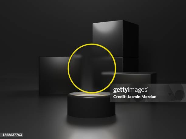 circle neon light on black stage - stage light 3d stock pictures, royalty-free photos & images