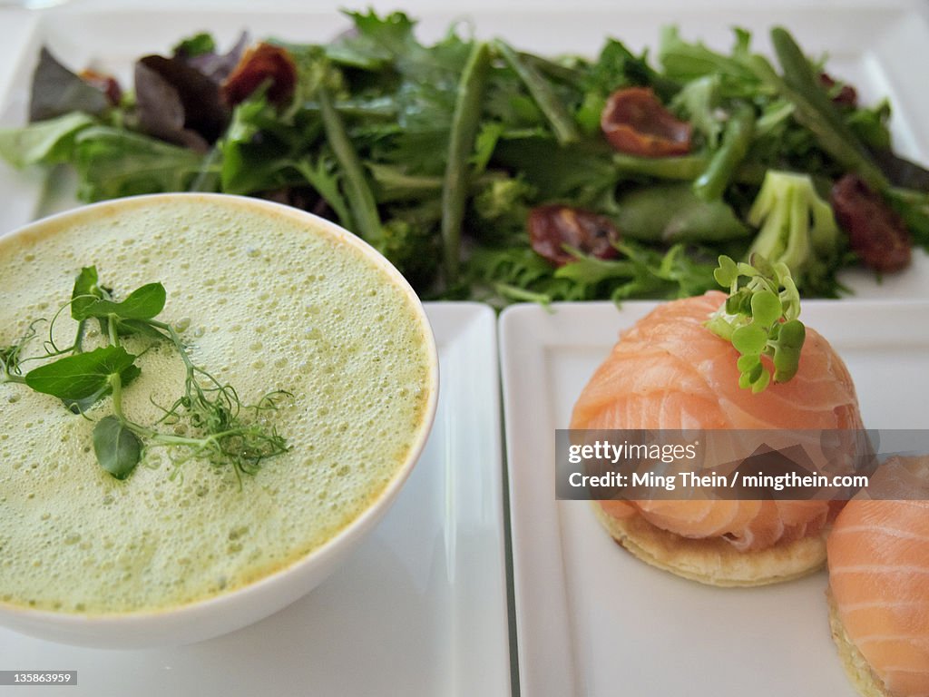 Lunch soup salmon salad white