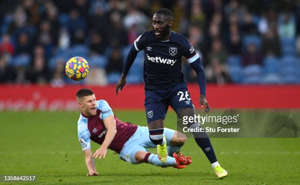 West Ham player Arthur Masuaku in action during the Premier League match between Burnley and West Ham United at Turf Moor on December 12, 2021 in...