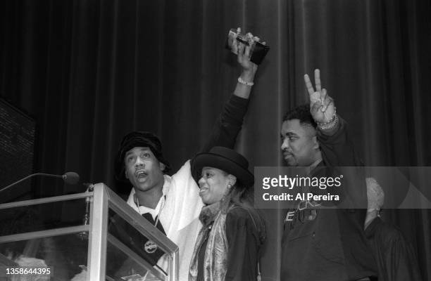 Cool J , Ondrea Smith and Marley Marl appear at the 6th Annual New York Music Awards held at the Beacon Theater on November 1, 1991 in New York City.