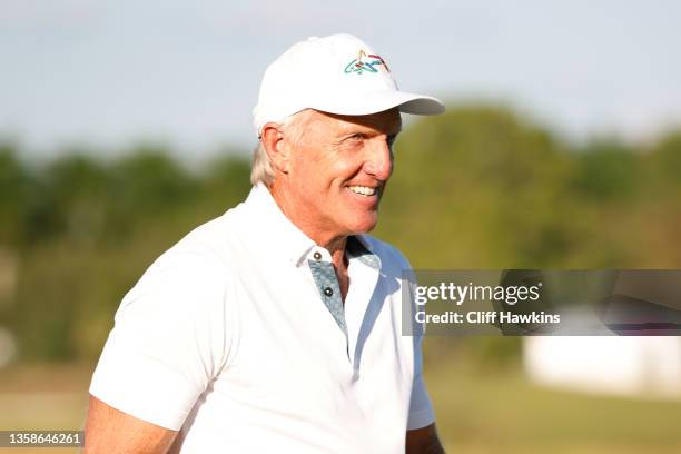 Greg Norman looks on after during the final round of the QBE Shootout at Tiburon Golf Club on December 12, 2021 in Naples, Florida.