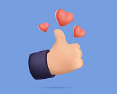Hand symbol like approved and red heart love. Realistic 3d cartoon style design. Social media Creative concept idea.