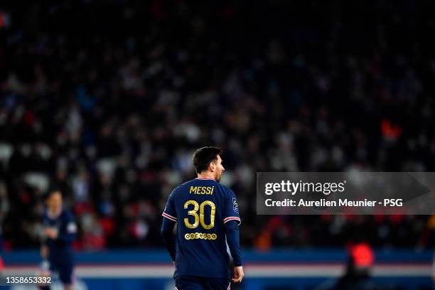 Leo Messi of Paris Saint-Germain looks on during the Ligue 1 Uber Eats match between Paris Saint Germain and AS Monaco at Parc des Princes on...