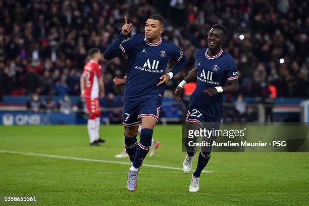 Kylian Mbappe of Paris Saint-Germain reacts after scoring during the Ligue 1 Uber Eats match between Paris Saint Germain and AS Monaco at Parc des...