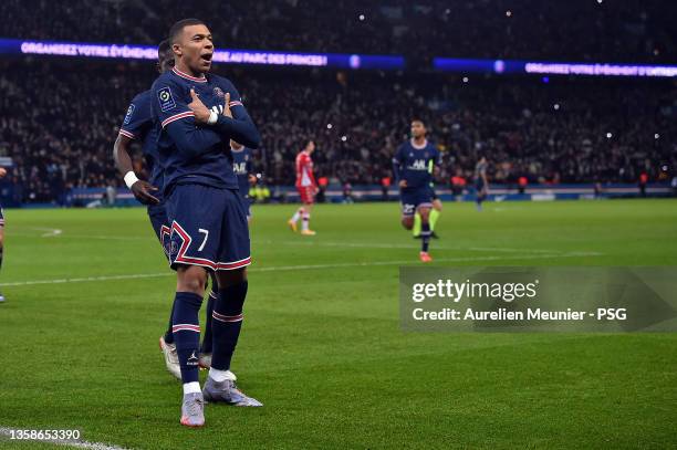 Kylian Mbappe of Paris Saint-Germain reacts after scoring during the Ligue 1 Uber Eats match between Paris Saint Germain and AS Monaco at Parc des...