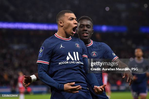 Kylian Mbappe of Paris Saint-Germain reacts after scoring during the Ligue 1 Uber Eats match between Paris Saint Germain and AS Monaco at Parc des...