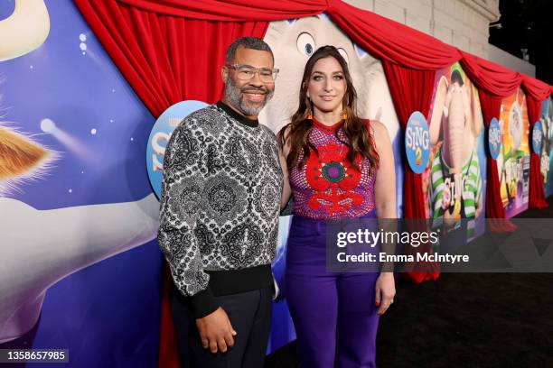 Jordan Peele and Chelsea Peretti attend the premiere of Illumination's "Sing 2" on December 12, 2021 in Los Angeles, California.