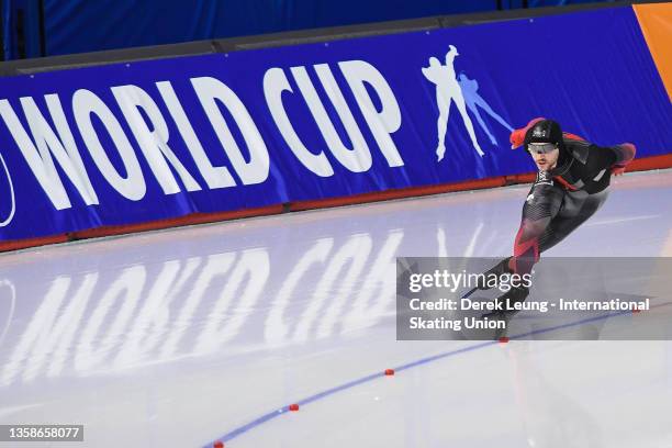 Vincent de Haitre races in the Men's 1000m during the ISU World Cup Speed Skating competition at The Olympic Oval on December 12, 2021 in Calgary,...