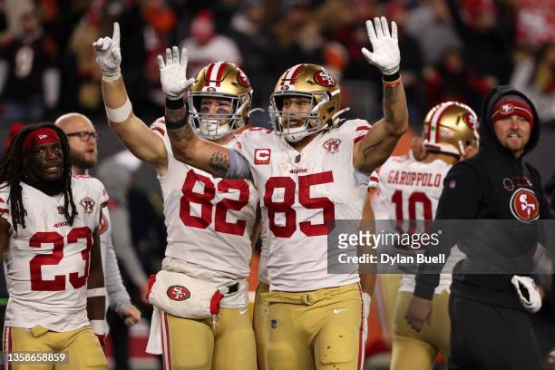 George Kittle of the San Francisco 49ers and teammates celebrate winning 26-23 in overtime against the Cincinnati Bengals at Paul Brown Stadium on...