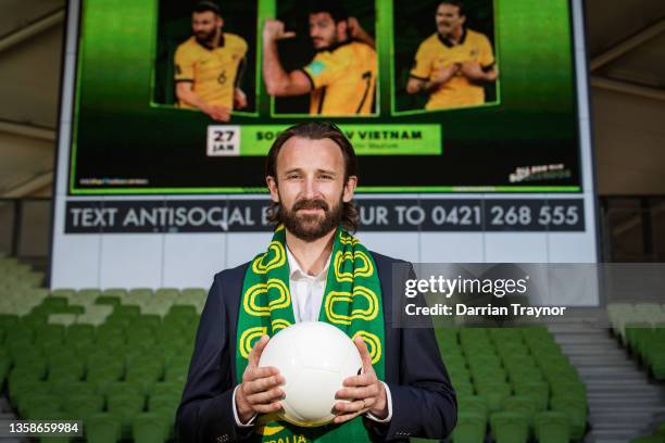 Former Socceroo Josh Kennedy poses for a photo during a Socceroos media opportunity at AAMI Park on December 13, 2021 in Melbourne, Australia.