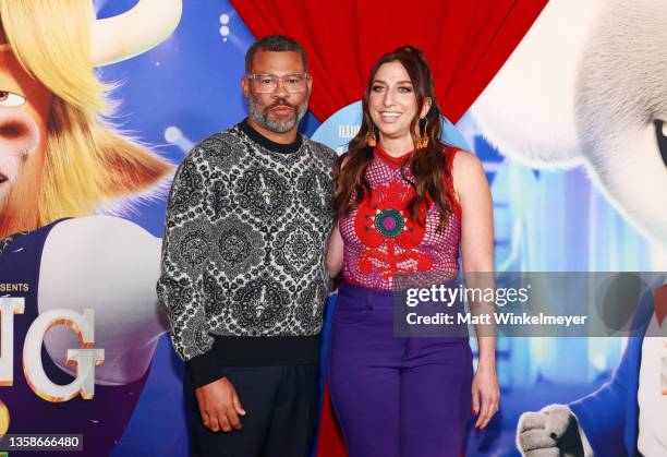 Jordan Peele and Chelsea Peretti attend the premiere of Illumination's "Sing 2" on December 12, 2021 in Los Angeles, California.