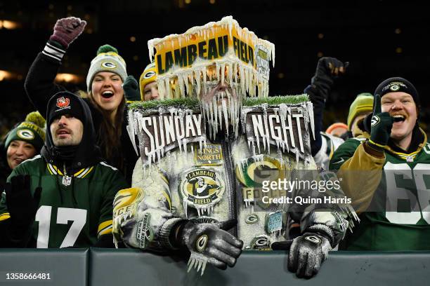 Green Bay Packers fan, "Frozen Tundra Man" looks on during the second quarter of the NFL game against the Chicago Bears at Lambeau Field on December...