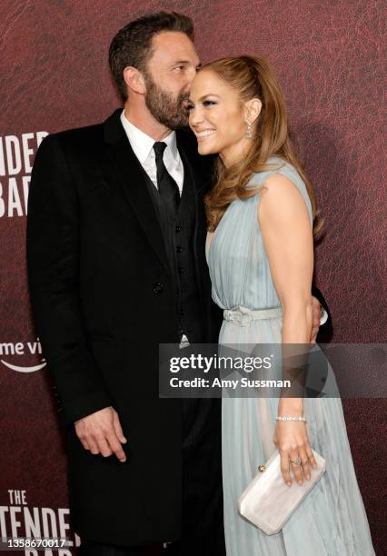 Ben Affleck and Jennifer Lopez attend the Los Angeles premiere of Amazon Studio's "The Tender Bar" at TCL Chinese Theatre on December 12, 2021 in...