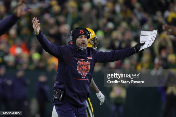 Head coach Matt Nagy of the Chicago Bears reacts during the second quarter of the NFL game against the Green Bay Packers at Lambeau Field on December...
