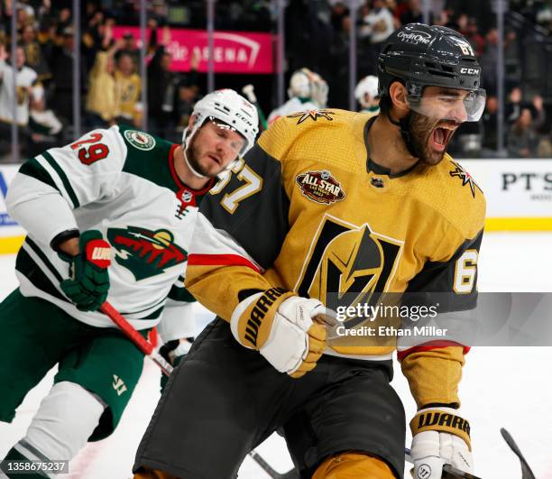 Max Pacioretty of the Vegas Golden Knights celebrates his second-period goal against the Minnesota Wild during their game at T-Mobile Arena on...
