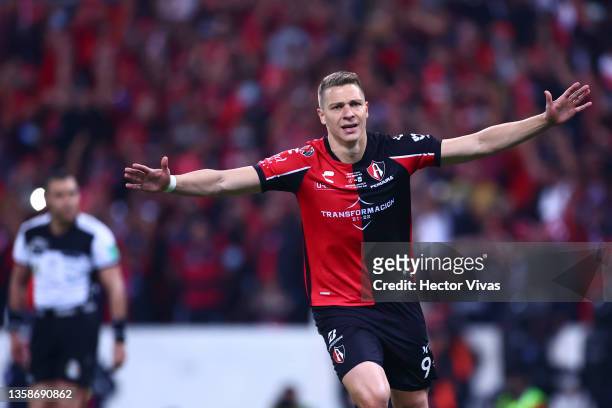 Julio Furch of Atlas celebrates after scoring the championship goal during the final second leg match between Atlas and Leon as part of the Torneo...