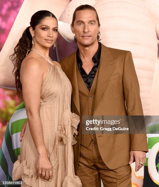 Camila Alves and Matthew McConaughey attend the premiere of Illumination's "Sing 2" on December 12, 2021 in Los Angeles, California.