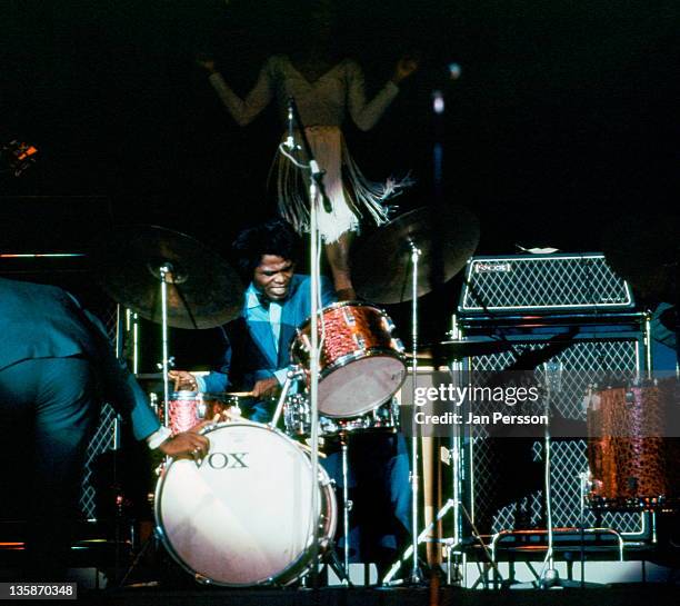 1st SEPTEMBER: James Brown plays drums live on stage in Copenhagen, Denmark in September 1967.