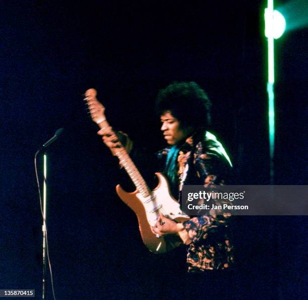 7th JANUARY: Jimi Hendrix performs live on stage at Tivoli Koncertsal Hall in Copenhagen, Denmark on 7th January 1968.