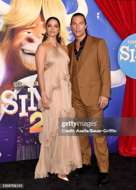 Camila Alves and Matthew McConaughey attend the Premiere of Illumination's "Sing 2" on December 12, 2021 in Los Angeles, California.