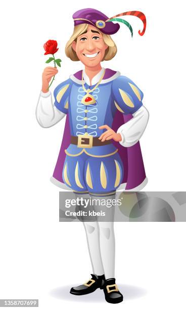 prince charming holding a red rose - past present stock illustrations