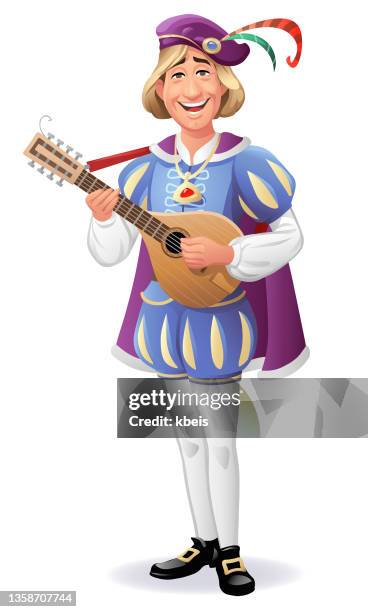 stockillustraties, clipart, cartoons en iconen met medieval bard playing a lute - prince charming