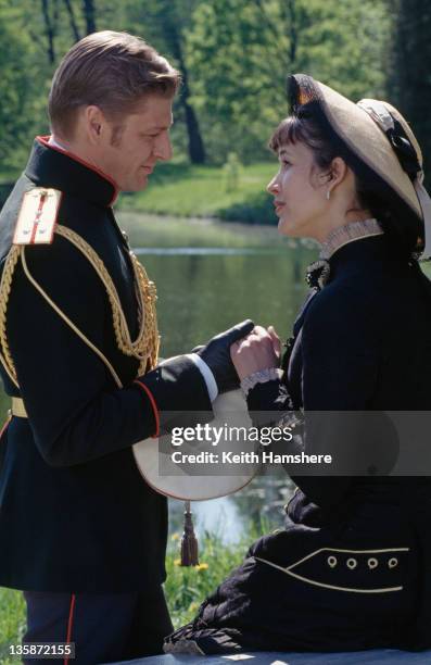 French actress Sophie Marceau as the literary heroine with English actor Sean Bean as her lover Vronsky in the film 'Leo Tolstoy's Anna Karenina',...