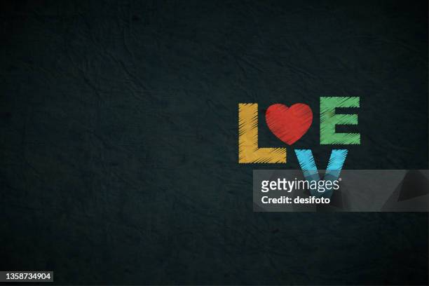 stockillustraties, clipart, cartoons en iconen met creative comic or fun horizontal vector backgrounds or poster or banner with text love with one heart in pastel colourful stroking pattern over scratched grunge textured black backdrop with a creative arrangement of letters - achtergrond krijtbord blauw