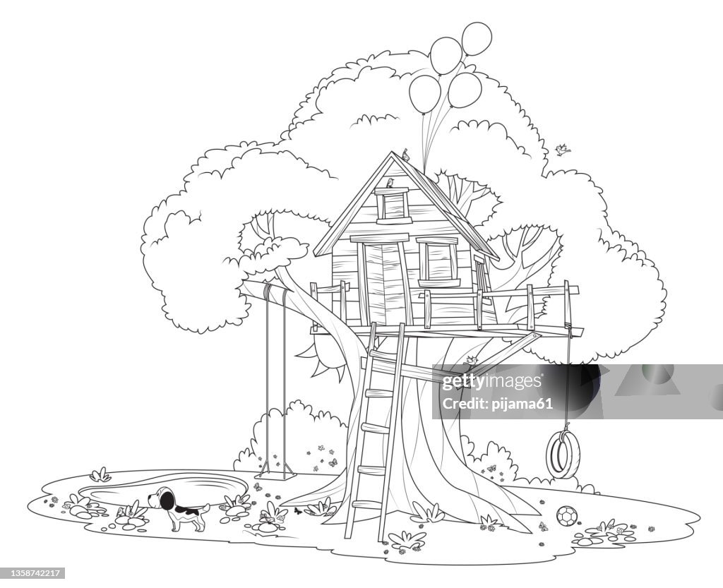 Black and white Tree house. House on tree for kids