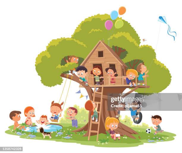 stockillustraties, clipart, cartoons en iconen met boys and girls playing at treehouse - buitenspelen