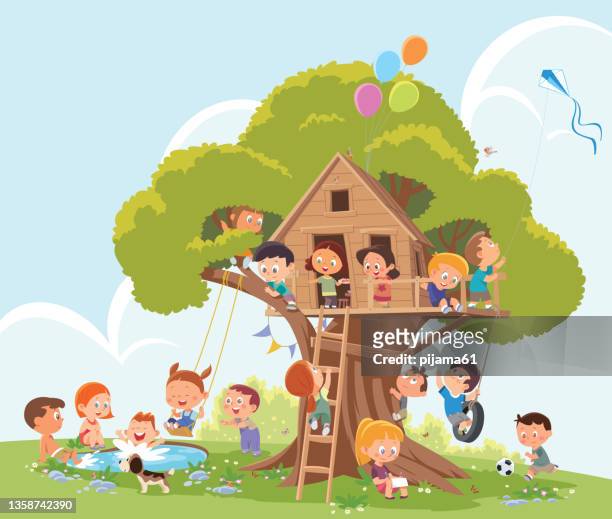 ilustraciones, imágenes clip art, dibujos animados e iconos de stock de niños jugando en una casa en el árbol - wood material