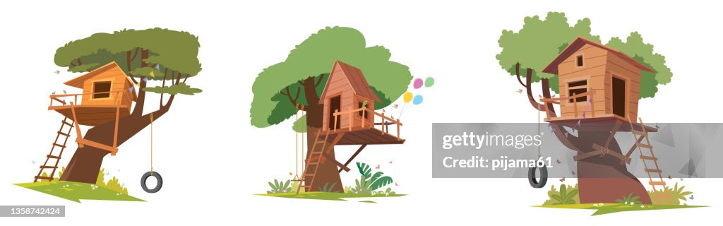 Set of tree house. Children playground with swing and ladder. Tree house for playing and parties. House on tree for kids