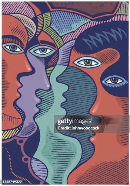 talking heads drawing - abstract digital human face stock illustrations