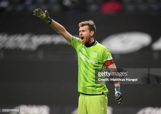 Goalkeeper Lukas Hradecky of Leverkusen gestures during the Bundesliga match between Eintracht Frankfurt and Bayer 04 Leverkusen at Deutsche Bank...