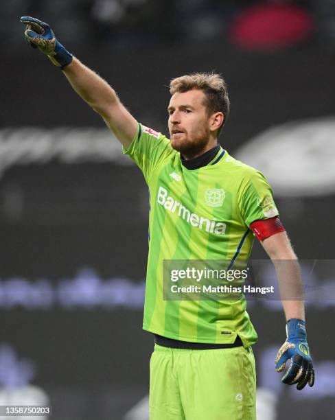 Goalkeeper Lukas Hradecky of Leverkusen gestures during the Bundesliga match between Eintracht Frankfurt and Bayer 04 Leverkusen at Deutsche Bank...