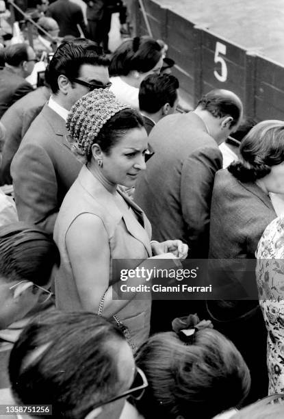 Spanish dancer and singer Lola Flores in a bullfight at the Seville Fair, Spain, 1964.