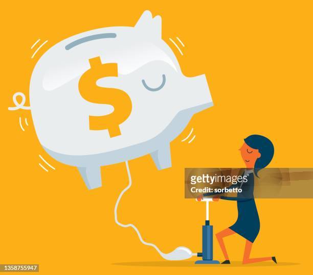 piggy bank flying - businesswoman - money guidance stock illustrations