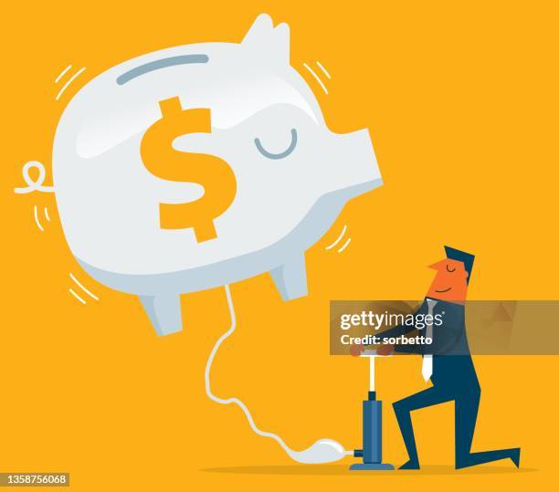 piggy bank flying - businessman - air pump stock illustrations