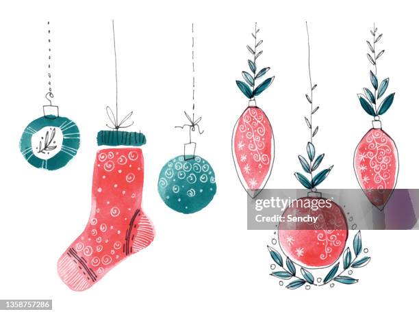 christmas decoration watercolor illustration - christmas watercolor stock pictures, royalty-free photos & images