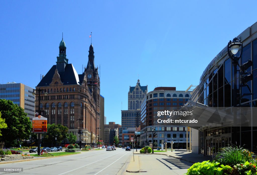 Marcus Center for the Performing Arts and Milwaukee city hall on Red Arrow square, Milwaukee, Wisconsin, USA