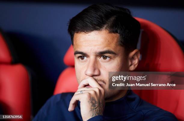 Philippe Coutinho of FC Barcelona reacts during the La Liga Santander match between CA Osasuna and FC Barcelona at Estadio El Sadar on December 12,...