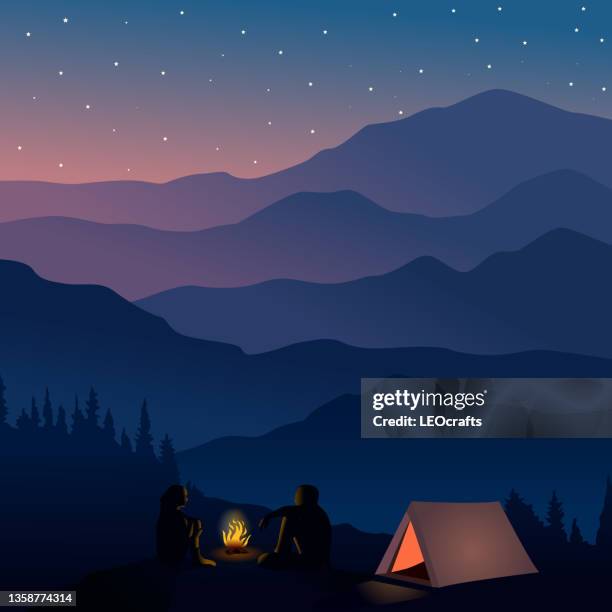 beautiful evening landscape - campfire background stock illustrations
