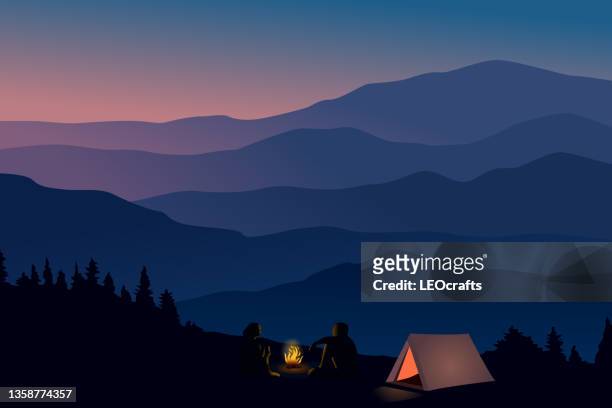 ilustrações de stock, clip art, desenhos animados e ícones de beautiful evening landscape - fogueira de acampamento