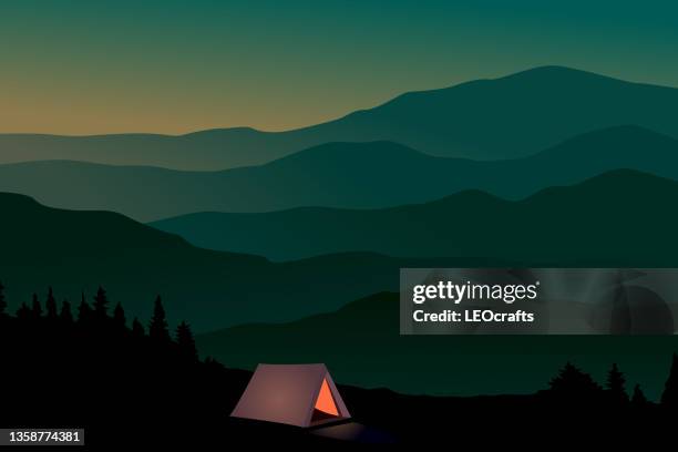 beautiful evening landscape - campfire art stock illustrations