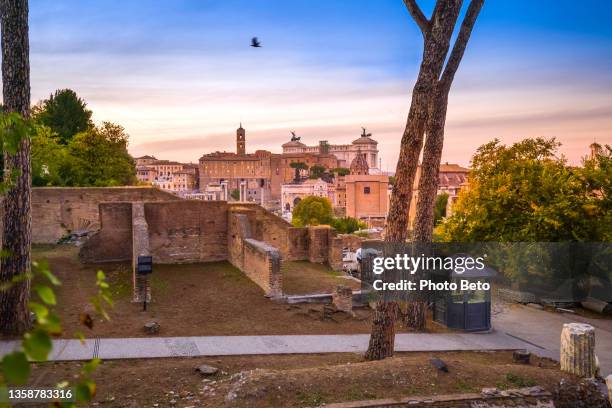 un paysage urbain très suggestif au coucher du soleil du forum romain et du cœur de rome vu du mont palatin - altare della patria photos et images de collection